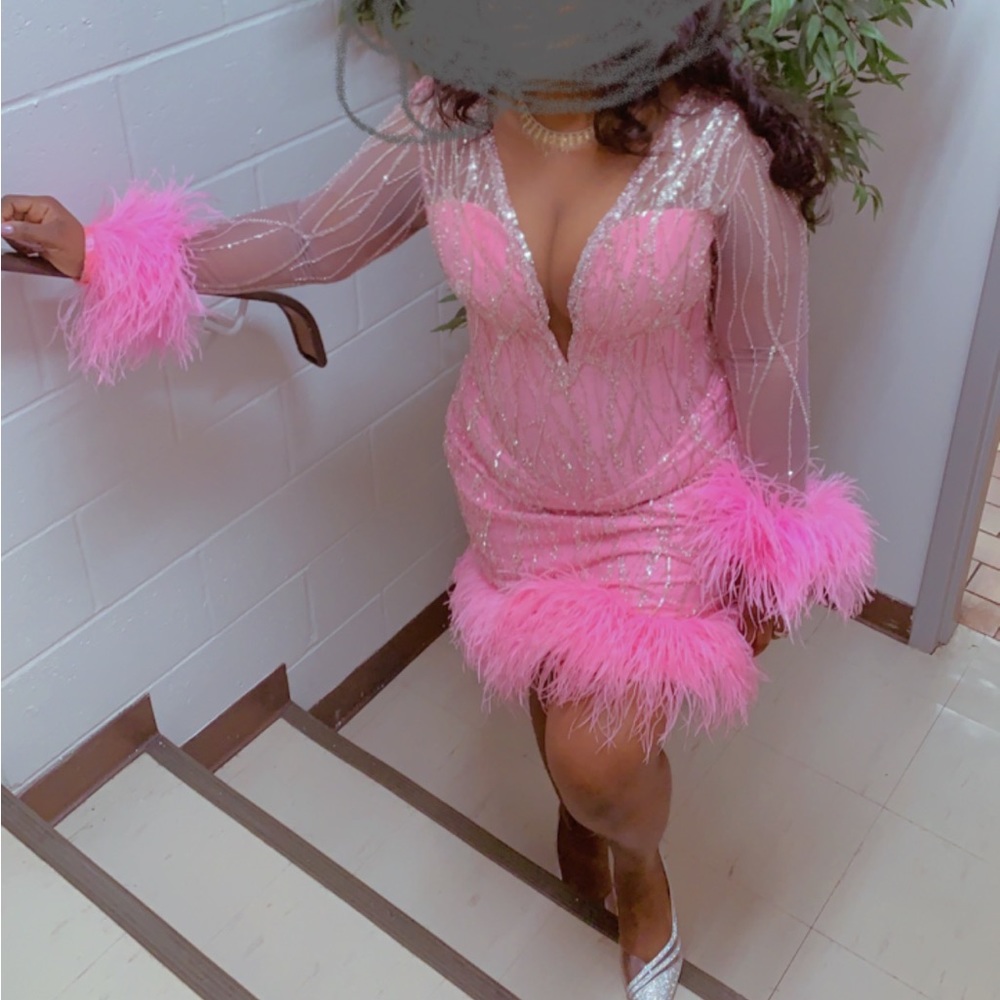 Pink gorgeous Party dress with ostrich trimming for sale